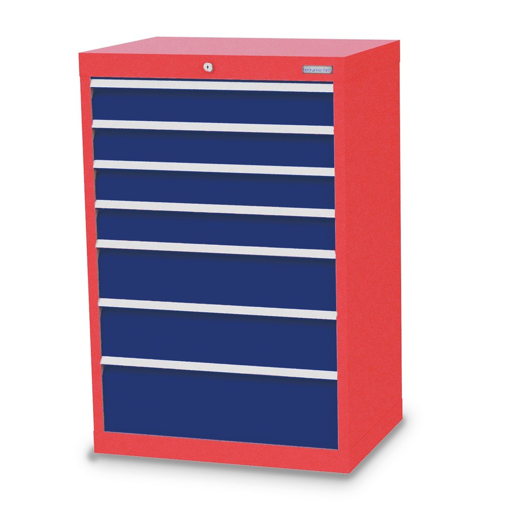 Obrázek produktu: Skříň se zásuvkami Bedrunka+Hirth Profi, zásuvky 4x100 + 2x150 + 1x200 mm, VxŠxH 1019 x 680 x 500 mm, dopravní červená, enziánová modrá