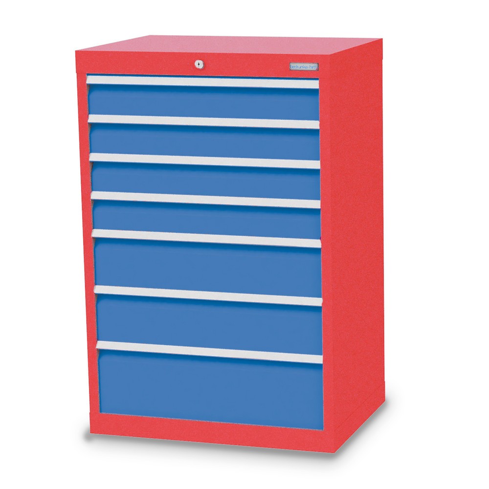 Obrázek produktu: Skříň se zásuvkami Bedrunka+Hirth Profi, zásuvky 4x100 + 2x150 + 1x200 mm, VxŠxH 1019 x 680 x 500 mm, dopravní červená, světle modrá