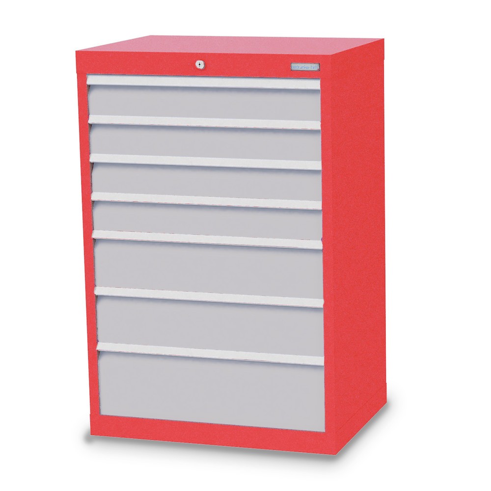 Obrázek produktu: Skříň se zásuvkami Bedrunka+Hirth Profi, zásuvky 4x100 + 2x150 + 1x200 mm, VxŠxH 1019 x 680 x 500 mm, dopravní červená, světle šedá
