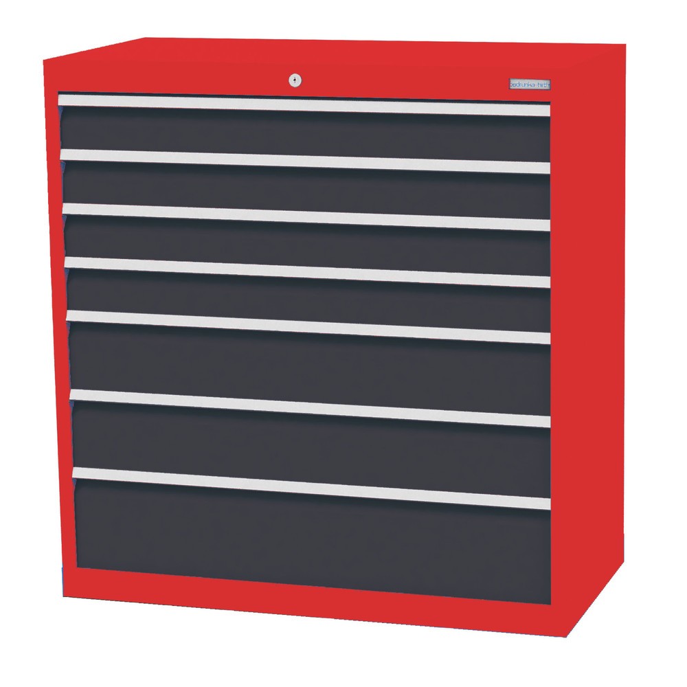 Obrázek produktu: Skříň se zásuvkami Bedrunka+Hirth Profi, zásuvky 4x100 + 2x150 + 1x200 mm, VxŠxH 1019 x 980 x 500 mm, dopravní červená, antracitová šedá