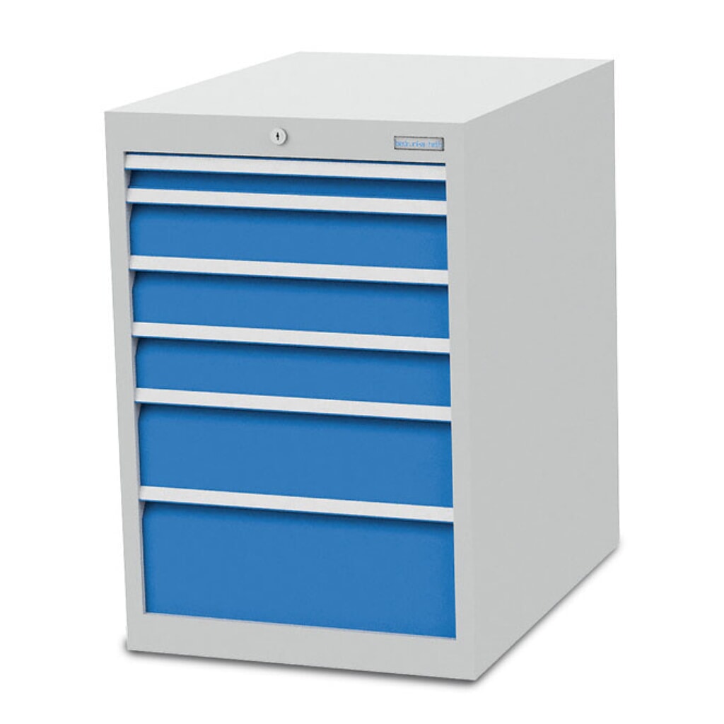 Obrázek produktu: Skříň se zásuvkami Bedrunka+Hirth R 18-24, VxŠxH 819 x 555 x 736 mm, světle šedá, světle modrá, 6 ks zásuvka 1x50 + 3x100 + 1x150 + 1x200 mm