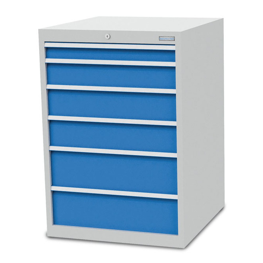 Číslo obrázku produktu 1: Skříň se zásuvkami Bedrunka+Hirth R 24-24, VxŠxH 1 019 x 705 x 736 mm, světle šedá, světle modrá, 6 ks zásuvka 1x75 + 1x125 + 2x150 + 2x200 mm
