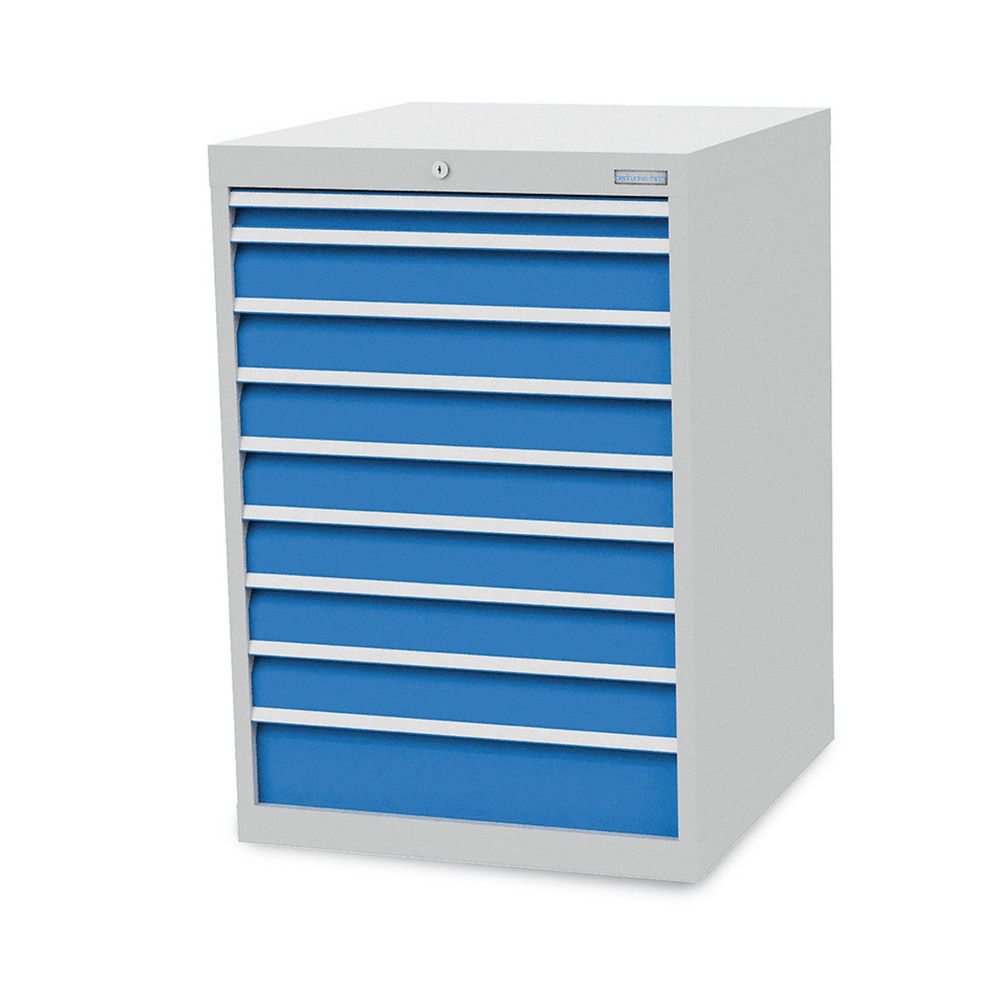 Číslo obrázku produktu 1: Skříň se zásuvkami Bedrunka+Hirth R 24-24, VxŠxH 1019 x 705 x 736 mm, světle šedá, světle modrá, 9 ks zásuvka 1x50 + 7x100 + 1x150 mm