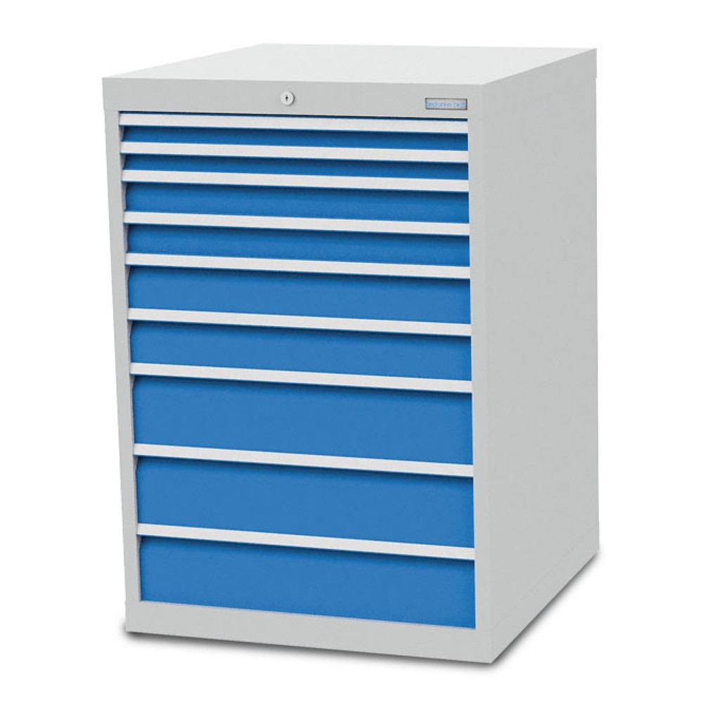 Číslo obrázku produktu 1: Skříň se zásuvkami Bedrunka+Hirth R 24-24, VxŠxH 1 019 x 705 x 736 mm, světle šedá, světle modrá, 9 ks zásuvka 2x50 + 2x75 + 2x100 + 3x150 mm