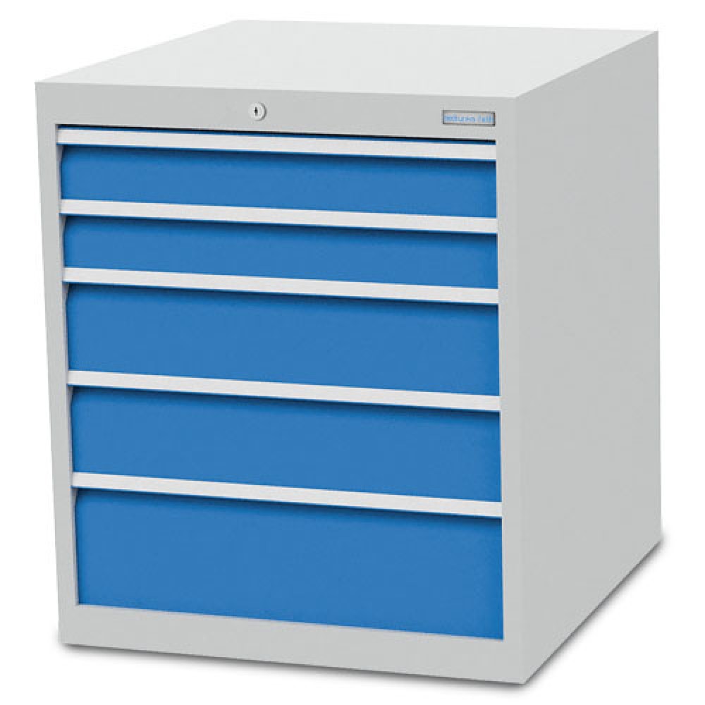 Obrázek produktu: Skříň se zásuvkami Bedrunka+Hirth R 24-24, VxŠxH 819 x 705 x 736 mm, světle šedá, světle modrá, 5 ks zásuvka 2x100 + 2x150 + 1x200 mm