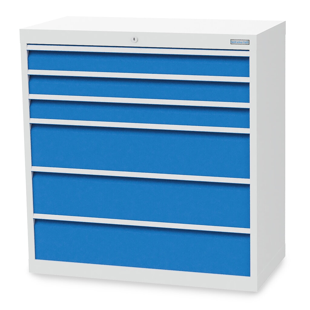 Skříň se zásuvkami Bedrunka+Hirth R 36-16, VxŠxH 1019 x 980 x 500 mm, světle šedá, světle modrá, 6 ks zásuvka 3x100 + 3x200 mm Obrázek produktu: Skříň se zásuvkami Bedrunka+Hirth R 36-16, VxŠxH 1019 x 980 x 500 mm, světle šedá, světle modrá, 6 ks zásuvka 3x100 + 3x200 mm