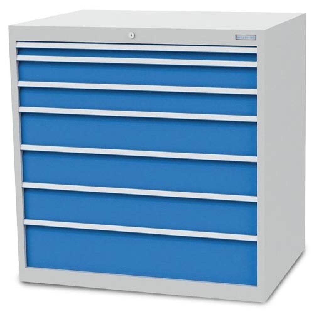 Číslo obrázku produktu 1: Skříň se zásuvkami Bedrunka+Hirth R 36-24, VxŠxH 1 019 x 1 005 x 736 mm, světle šedá, světle modrá, 7 ks zásuvka 1x50 + 2x100 + 3x150 + 1x200 mm