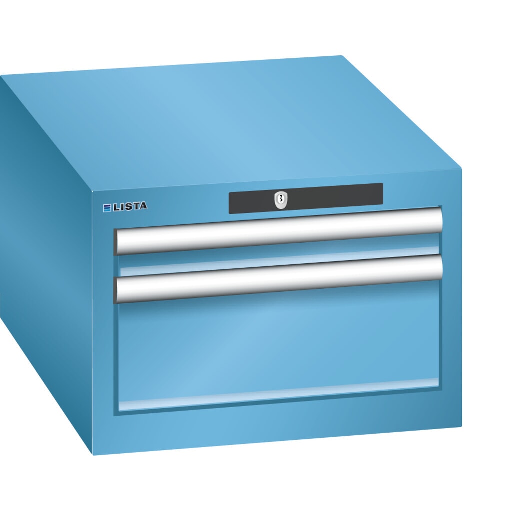 Obrázek produktu: Skříň se zásuvkami LISTA 18x27E, (ŠxHxV) 411x572x283 mm, 2 zásuvky, 1 x 50 / 1 x 150, světle modrá, KEY Lock