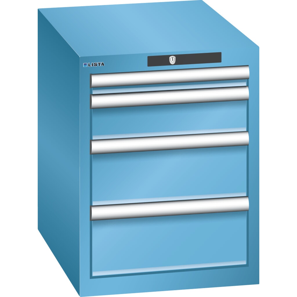 Skříň se zásuvkami LISTA 18x27E, (ŠxHxV) 411x572x533 mm, 4 zásuvek, 1 x 50 / 1 x 100 / 2 x 150, světle modrá, KEY Lock Obrázek produktu: Skříň se zásuvkami LISTA 18x27E, (ŠxHxV) 411x572x533 mm, 4 zásuvek, 1 x 50 / 1 x 100 / 2 x 150, světle modrá, KEY Lock