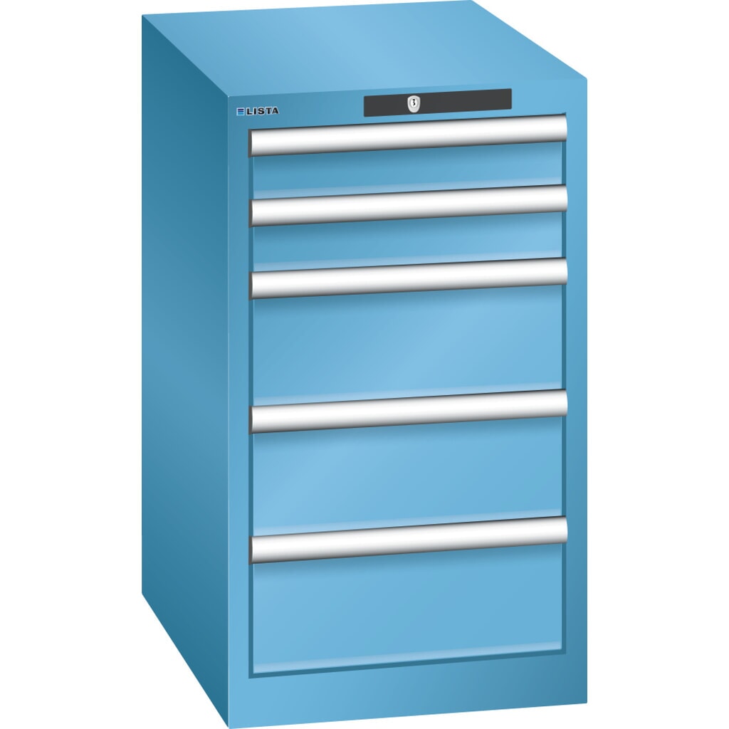 Obrázek produktu: Skříň se zásuvkami LISTA 18x27E, (ŠxHxV) 411x572x700 mm, 5 zásuvek, 2 x 75 / 3 x 150, světle modrá, KEY Lock