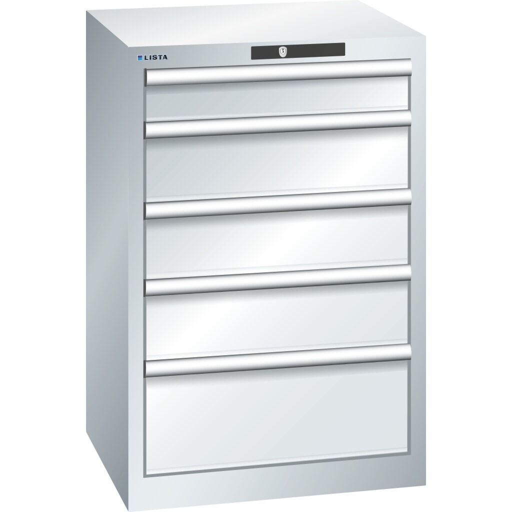 Obrázek produktu: Skříň se zásuvkami LISTA 27x27E, (ŠxHxV) 564x572x850 mm, 5 zásuvek, 1 x 100 / 3 x 150 / 1 x 200, světle šedá, KEY Lock