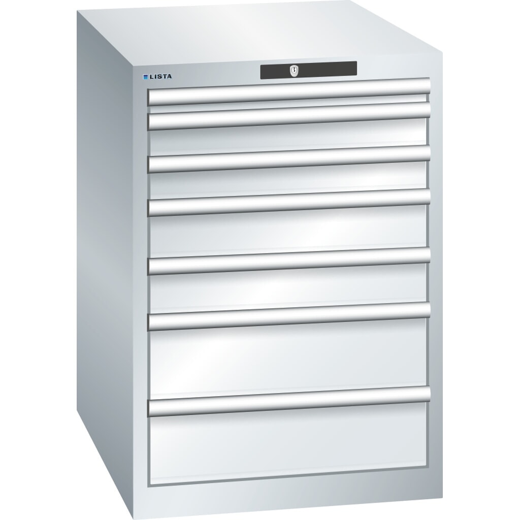 Obrázek produktu: Skříň se zásuvkami LISTA 27x36E, (ŠxHxV) 564x725x800 mm, 7 zásuvek, výšky čel 50-150 mm, světle šedá, KEY Lock