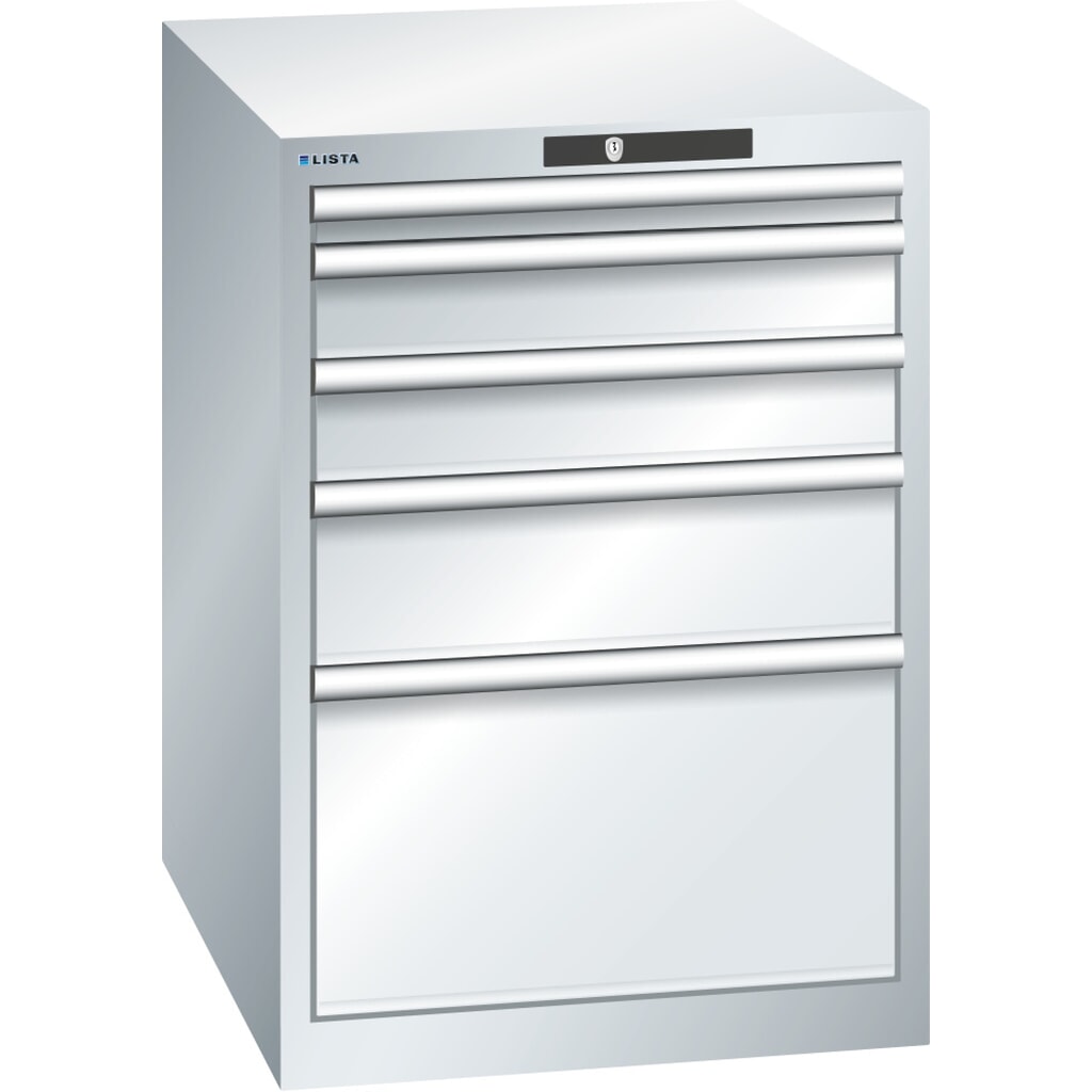 Skříň se zásuvkami LISTA 27x36E, (ŠxHxV) 564x725x800 mm, 5 zásuvek, výšky čel 50-300 mm, světle šedá, KEY Lock Obrázek produktu: Skříň se zásuvkami LISTA 27x36E, (ŠxHxV) 564x725x800 mm, 5 zásuvek, výšky čel 50-300 mm, světle šedá, KEY Lock