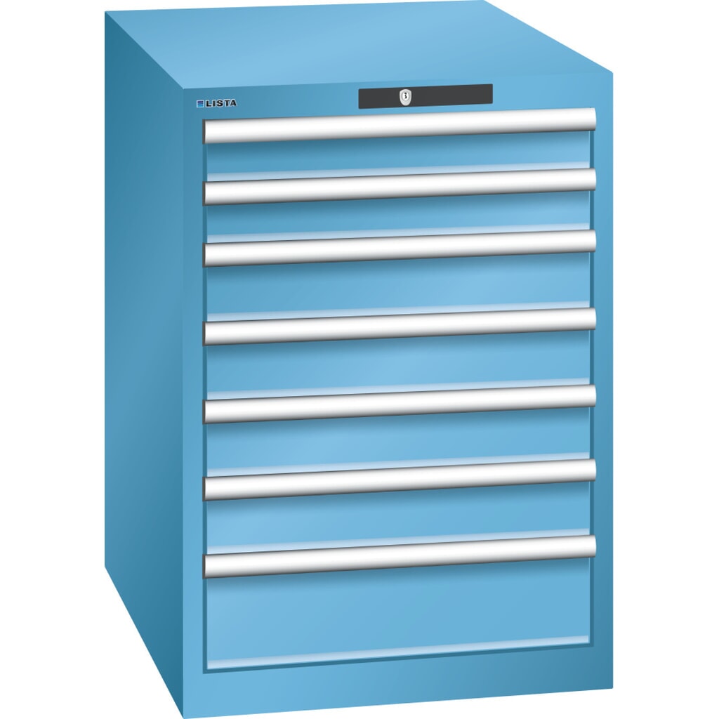 Skříň se zásuvkami LISTA 27x36E, (ŠxHxV) 564x725x800 mm, 7 zásuvek, 2 x 75 / 4 x 100 / 1 x 150, světle modrá, KEY Lock Obrázek produktu: Skříň se zásuvkami LISTA 27x36E, (ŠxHxV) 564x725x800 mm, 7 zásuvek, 2 x 75 / 4 x 100 / 1 x 150, světle modrá, KEY Lock