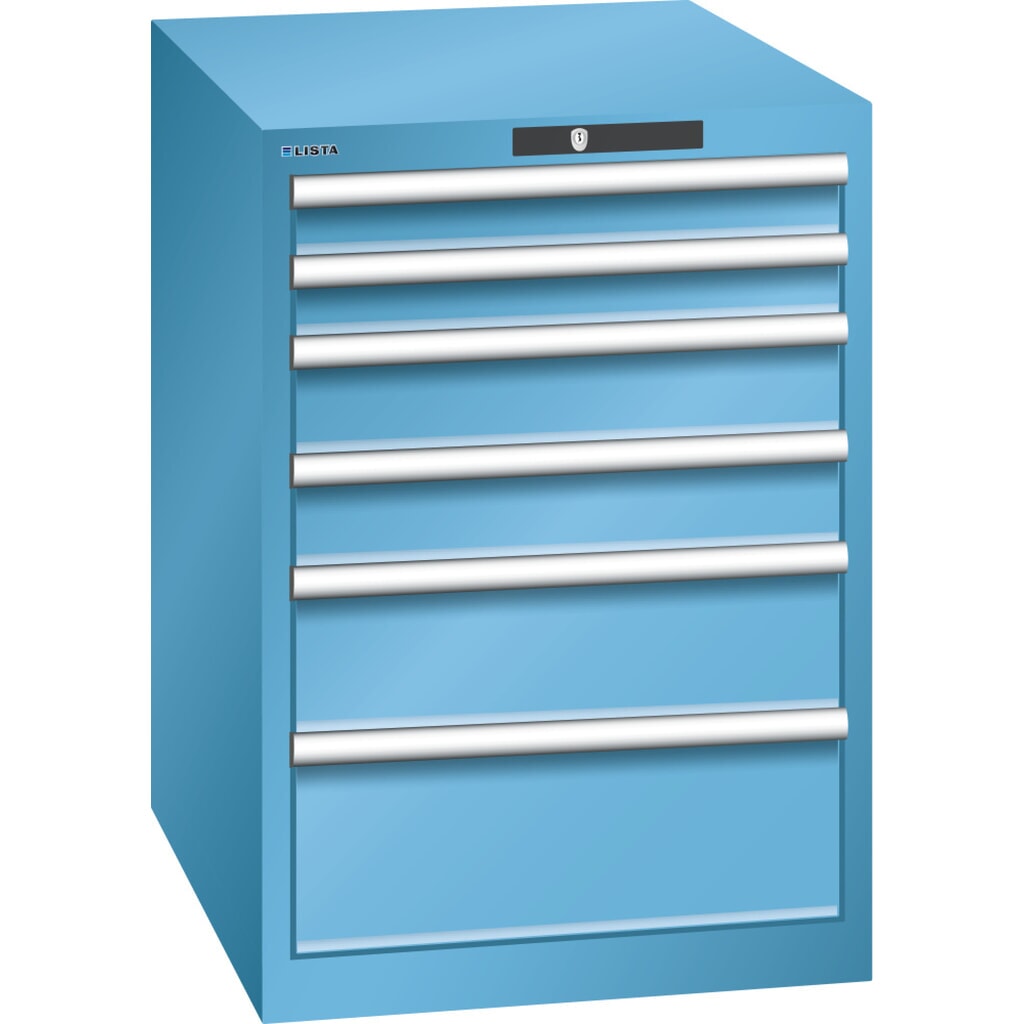 Skříň se zásuvkami LISTA 27x36E, (ŠxHxV) 564x725x800 mm, 6 zásuvek, výšky čel 75-200 mm, světle modrá, KEY Lock Obrázek produktu: Skříň se zásuvkami LISTA 27x36E, (ŠxHxV) 564x725x800 mm, 6 zásuvek, výšky čel 75-200 mm, světle modrá, KEY Lock