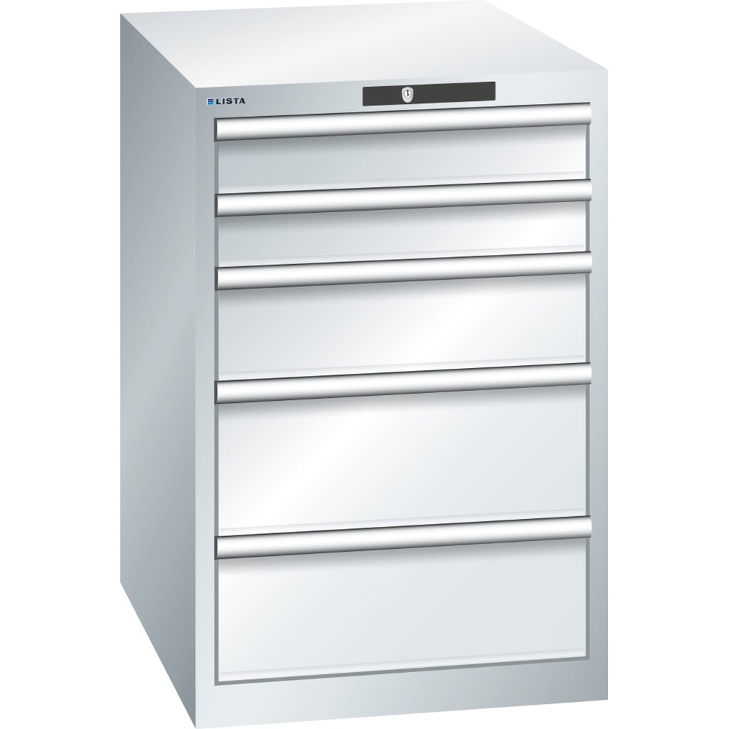 Obrázek produktu: Skříň se zásuvkami LISTA 27x36E, (ŠxHxV) 564x725x850 mm, 5 zásuvek, 2 x 100 / 1 x 150 / 2 x 200, světle šedá, KEY Lock