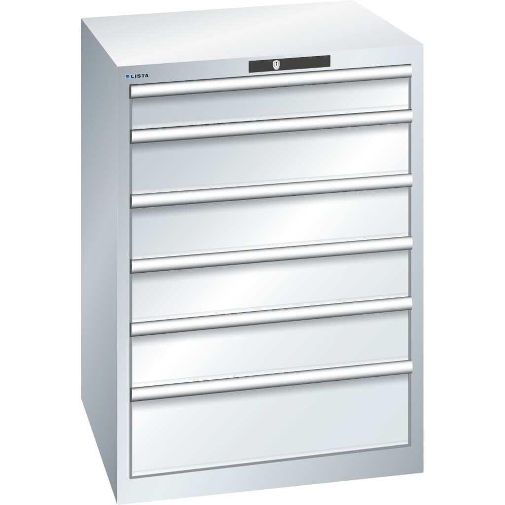 Skříň se zásuvkami LISTA 36x36E, (ŠxHxV) 717x725x1000 mm, 6 zásuvek, 1 x 100 / 4 x 150 / 1 x 200, světle šedá, KEY Lock Obrázek produktu: Skříň se zásuvkami LISTA 36x36E, (ŠxHxV) 717x725x1000 mm, 6 zásuvek, 1 x 100 / 4 x 150 / 1 x 200, světle šedá, KEY Lock