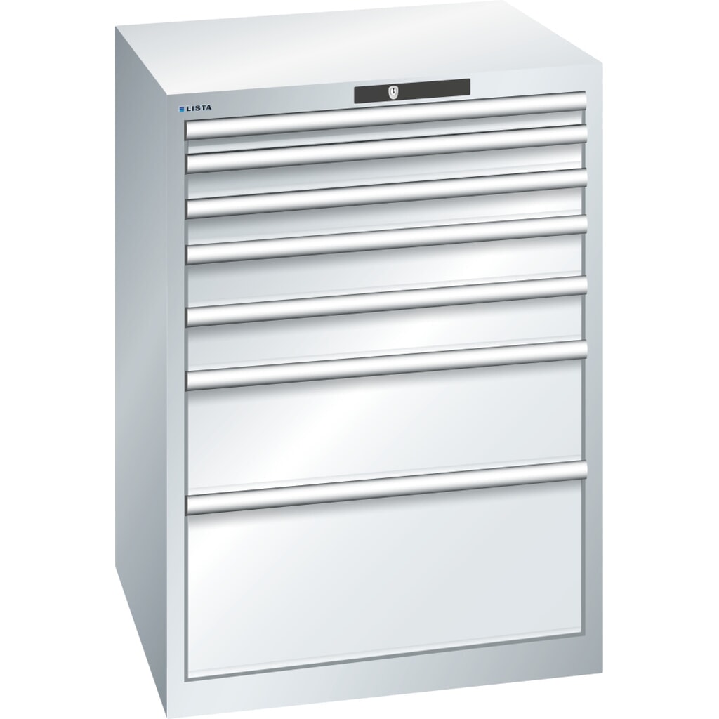 Skříň se zásuvkami LISTA 36x36E, (ŠxHxV) 717x725x1000 mm, 7 zásuvek, výška čel 50-300 mm, světle šedá, KEY Lock Obrázek produktu: Skříň se zásuvkami LISTA 36x36E, (ŠxHxV) 717x725x1000 mm, 7 zásuvek, výška čel 50-300 mm, světle šedá, KEY Lock