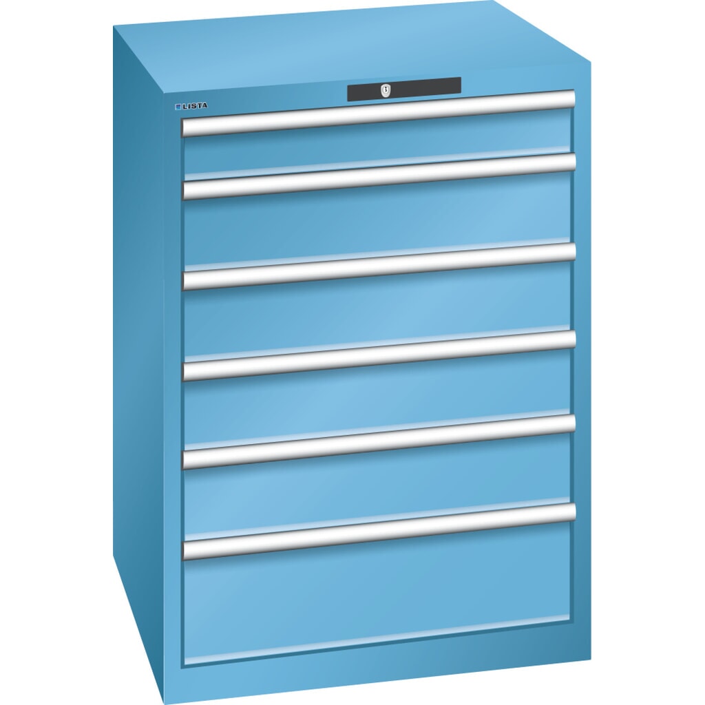 Skříň se zásuvkami LISTA 36x36E, (ŠxHxV) 717x725x1000 mm, 6 zásuvek, nosnost 200 kg, světle modrá, KEY Lock Obrázek produktu: Skříň se zásuvkami LISTA 36x36E, (ŠxHxV) 717x725x1000 mm, 6 zásuvek, nosnost 200 kg, světle modrá, KEY Lock