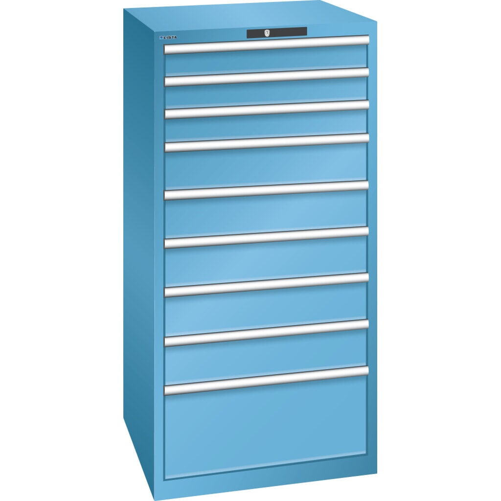 Skříň se zásuvkami LISTA 36x36E, (ŠxHxV) 717x725x1450 mm, 9 zásuvek, 3 x 100 / 5 x 150 / 1 x 300, světle modrá, KEY Lock Obrázek produktu: Skříň se zásuvkami LISTA 36x36E, (ŠxHxV) 717x725x1450 mm, 9 zásuvek, 3 x 100 / 5 x 150 / 1 x 300, světle modrá, KEY Lock