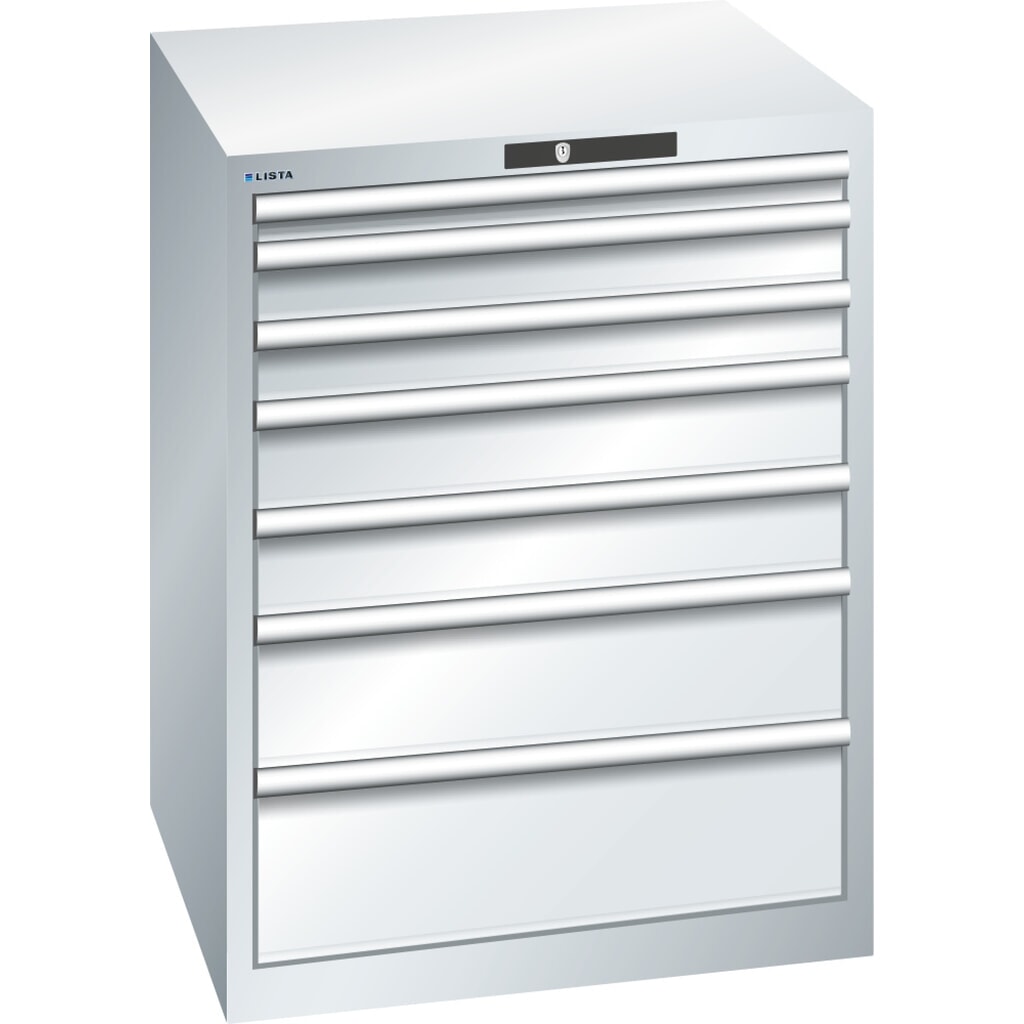 Obrázek produktu: Skříň se zásuvkami LISTA 36x36E, (ŠxHxV) 717x725x850 mm, 7 zásuvek, výška čel 50-200 mm, světle šedá, KEY Lock