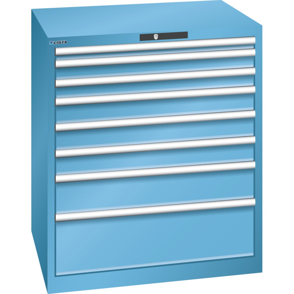 Skříň se zásuvkami LISTA 45x36E, (ŠxHxV) 870x725x1000 mm, 8 zásuvek, výška čel 50-250 mm, světle modrá, KEY Lock Obrázek produktu: Skříň se zásuvkami LISTA 45x36E, (ŠxHxV) 870x725x1000 mm, 8 zásuvek, výška čel 50-250 mm, světle modrá, KEY Lock