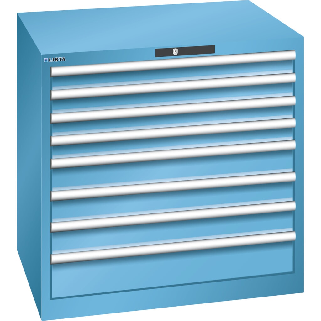 Skříň se zásuvkami LISTA 45x36E, (ŠxHxV) 870x725x850 mm, 8 zásuvek, 4 x 75 / 3 x 100 / 1 x 150, světle modrá, KEY Lock Obrázek produktu: Skříň se zásuvkami LISTA 45x36E, (ŠxHxV) 870x725x850 mm, 8 zásuvek, 4 x 75 / 3 x 100 / 1 x 150, světle modrá, KEY Lock