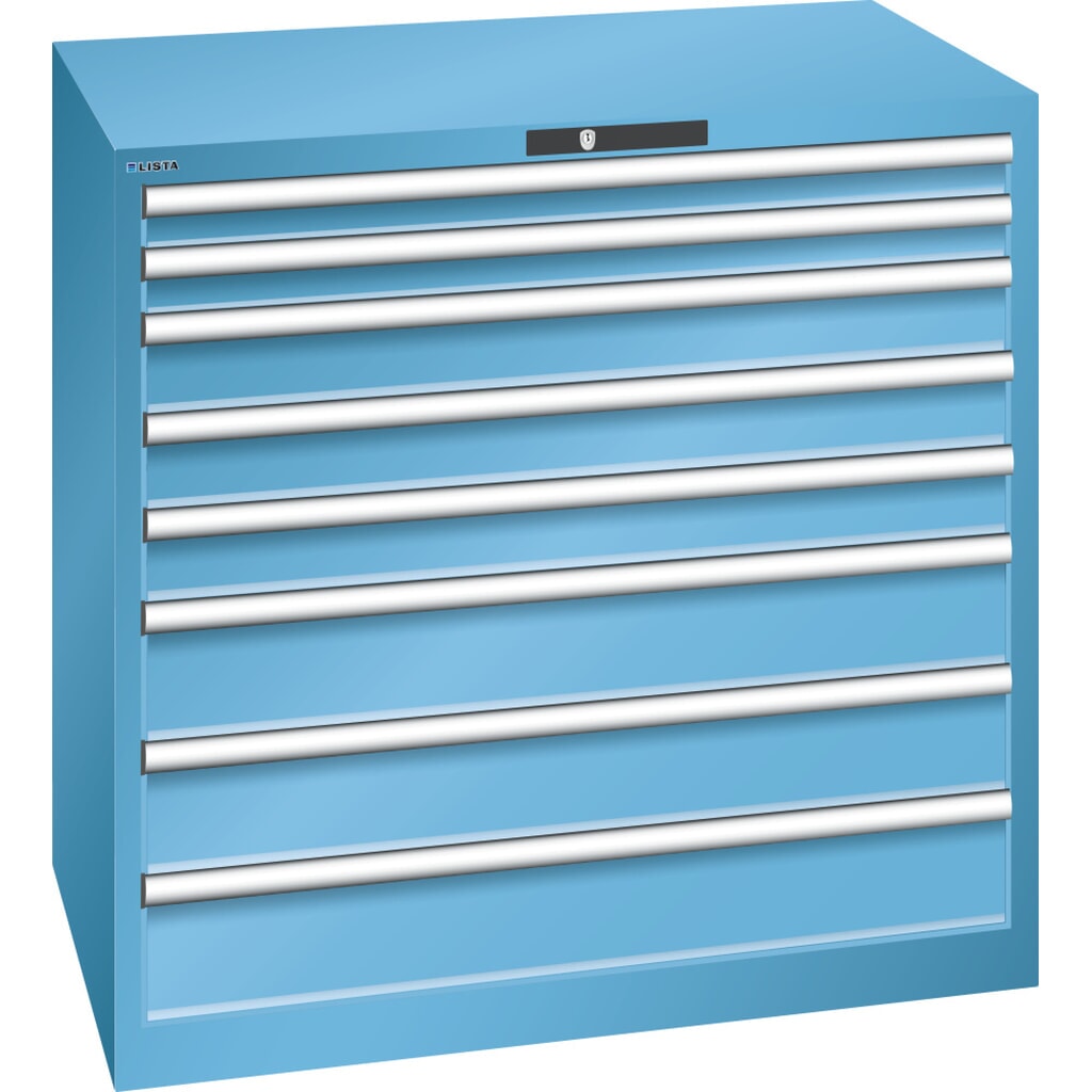 Skříň se zásuvkami LISTA 54x36E, (ŠxHxV) 1023x725x1000 mm, 8 zásuvek, 2 x 75 / 3 x 100 / 3 x 150, světle modrá, KEY Lock Obrázek produktu: Skříň se zásuvkami LISTA 54x36E, (ŠxHxV) 1023x725x1000 mm, 8 zásuvek, 2 x 75 / 3 x 100 / 3 x 150, světle modrá, KEY Lock
