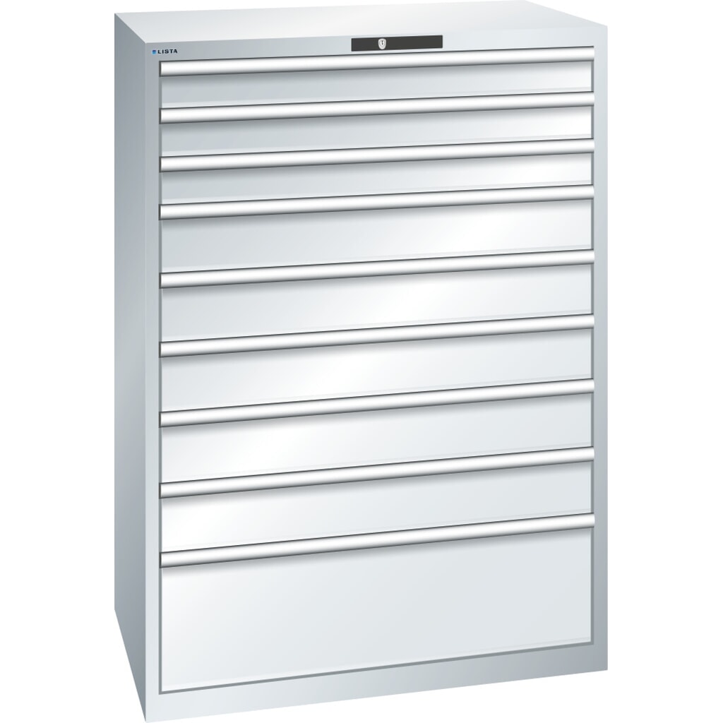 Skříň se zásuvkami LISTA 54x36E, (ŠxHxV) 1023x725x1450 mm, 9 zásuvek, nosnost 200 kg, světle šedá, KEY Lock Obrázek produktu: Skříň se zásuvkami LISTA 54x36E, (ŠxHxV) 1023x725x1450 mm, 9 zásuvek, nosnost 200 kg, světle šedá, KEY Lock