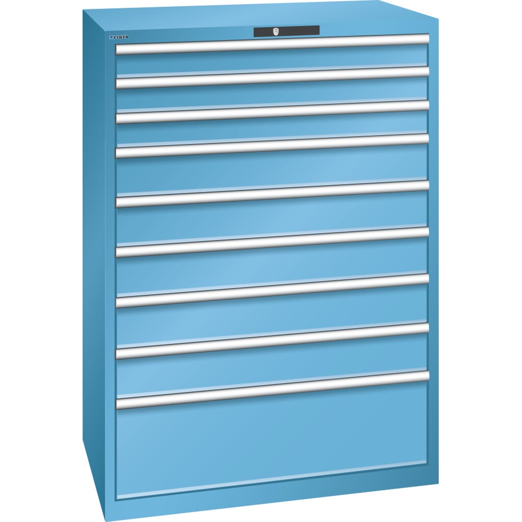 Skříň se zásuvkami LISTA 54x36E, (ŠxHxV) 1023x725x1450 mm, 9 zásuvek, 3 x 100 / 5 x 150 / 1 x 300, světle modrá, KEY Lock Obrázek produktu: Skříň se zásuvkami LISTA 54x36E, (ŠxHxV) 1023x725x1450 mm, 9 zásuvek, 3 x 100 / 5 x 150 / 1 x 300, světle modrá, KEY Lock