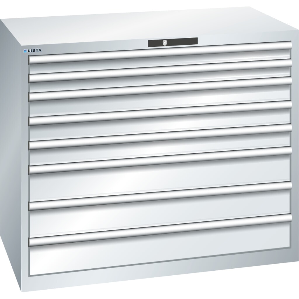 Obrázek produktu: Skříň se zásuvkami LISTA 64x36E, (ŠxHxV) 1193x725x1000 mm, 8 zásuvek, nosnost 200 kg, světle šedá, KEY Lock