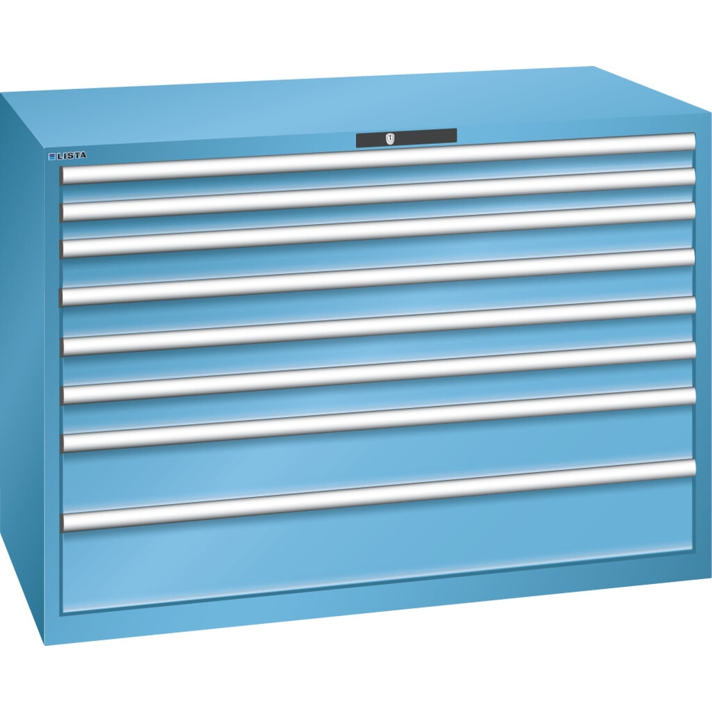 Skříň se zásuvkami LISTA 78x36E, (ŠxHxV) 1431x725x1000 mm, 8 zásuvek, výška čel 75-200 mm, světle modrá, KEY Lock Obrázek produktu: Skříň se zásuvkami LISTA 78x36E, (ŠxHxV) 1431x725x1000 mm, 8 zásuvek, výška čel 75-200 mm, světle modrá, KEY Lock