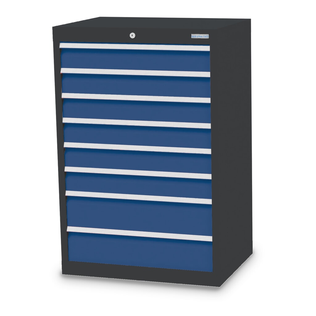 Skříň se zásuvkami Profi Bedrunka+Hirth, zásuvky 6x100 + 2x150 mm, VxŠxH 1019 x 680 x 500 mm, antracitová šedá, enziánová modrá Obrázek produktu: Skříň se zásuvkami Profi Bedrunka+Hirth, zásuvky 6x100 + 2x150 mm, VxŠxH 1019 x 680 x 500 mm, antracitová šedá, enziánová modrá