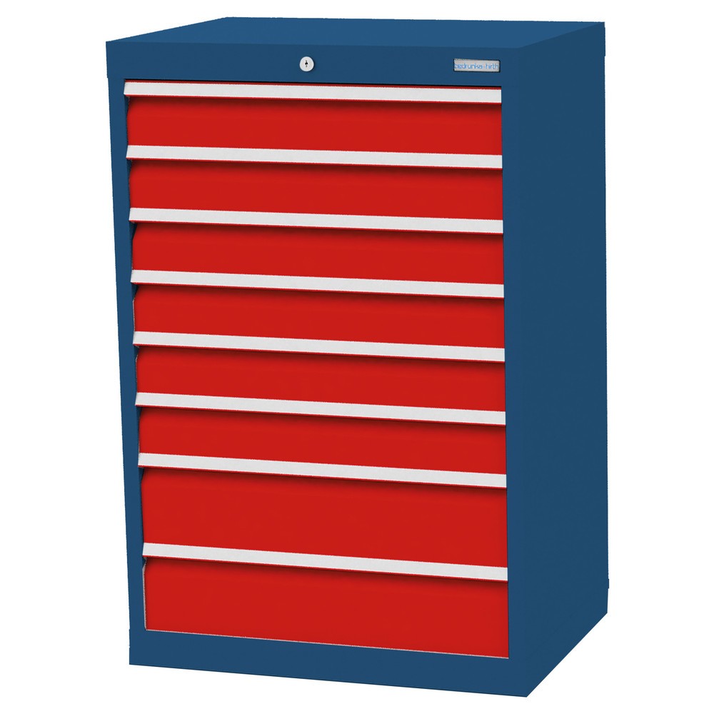 Obrázek produktu: Skříň se zásuvkami Profi Bedrunka+Hirth, zásuvky 6x100 + 2x150 mm, VxŠxH 1019 x 680 x 500 mm, enziánová modrá, dopravní červená