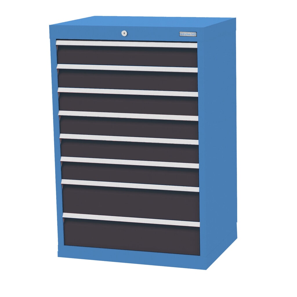 Skříň se zásuvkami Profi Bedrunka+Hirth, zásuvky 6x100 + 2x150 mm, VxŠxH 1019 x 680 x 500 mm, světle modrá, antracitová šedá Obrázek produktu: Skříň se zásuvkami Profi Bedrunka+Hirth, zásuvky 6x100 + 2x150 mm, VxŠxH 1019 x 680 x 500 mm, světle modrá, antracitová šedá