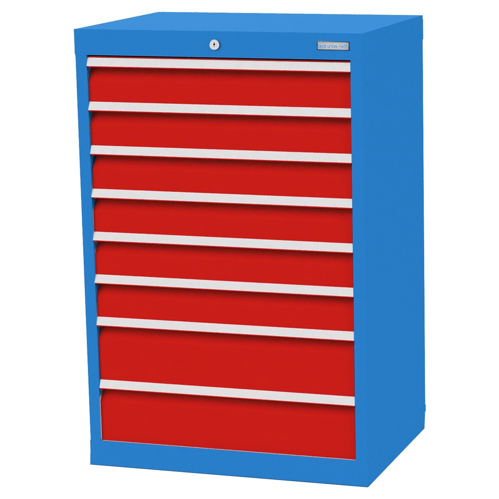 Obrázek produktu: Skříň se zásuvkami Profi Bedrunka+Hirth, zásuvky 6x100 + 2x150 mm, VxŠxH 1019 x 680 x 500 mm, světle modrá, dopravní červená