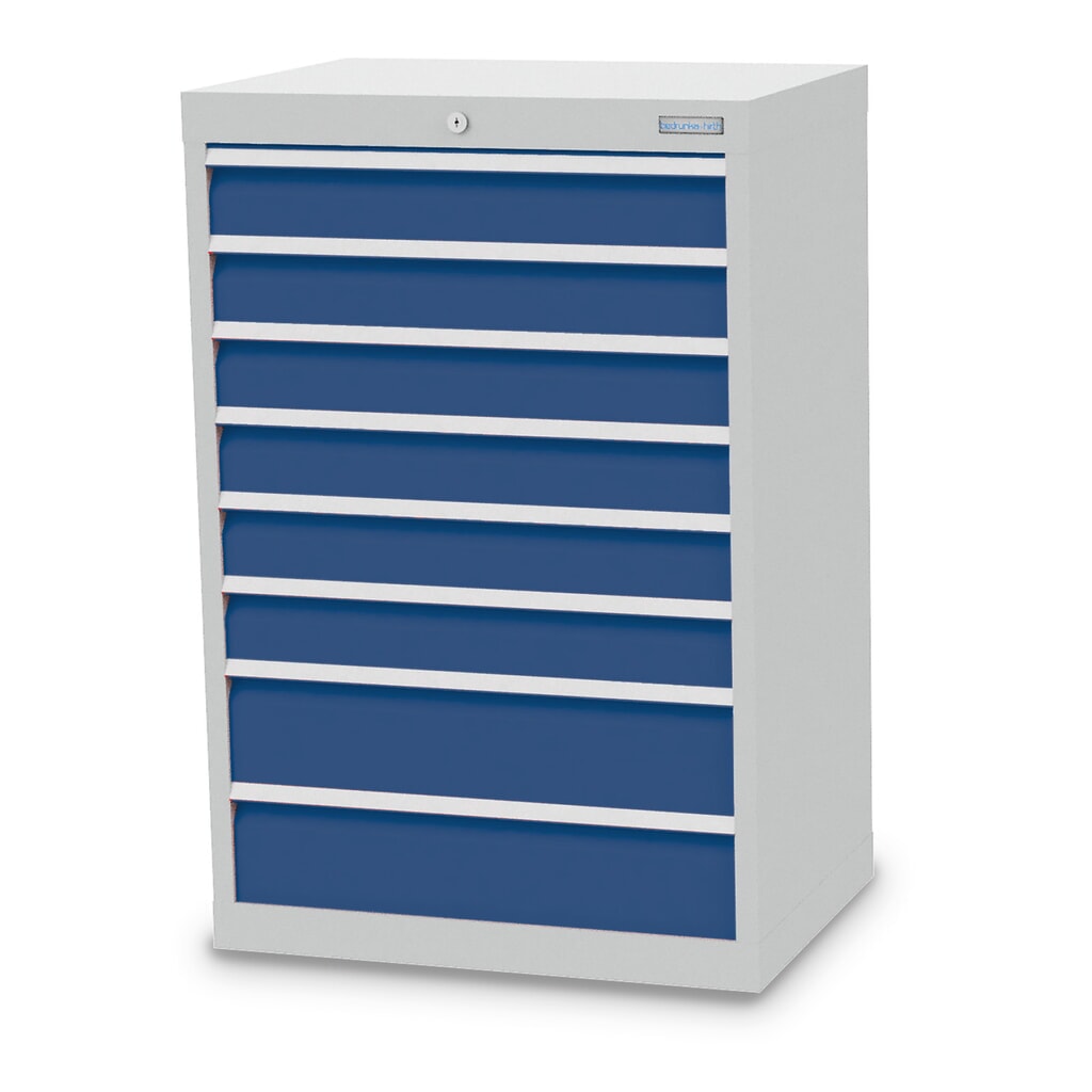 Skříň se zásuvkami Profi Bedrunka+Hirth, zásuvky 6x100 + 2x150 mm, VxŠxH 1019 x 680 x 500 mm, světle šedá, enziánová modrá Obrázek produktu: Skříň se zásuvkami Profi Bedrunka+Hirth, zásuvky 6x100 + 2x150 mm, VxŠxH 1019 x 680 x 500 mm, světle šedá, enziánová modrá