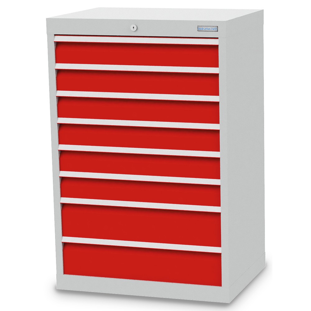 Obrázek produktu: Skříň se zásuvkami Profi Bedrunka+Hirth, zásuvky 6x100 + 2x150 mm, VxŠxH 1019 x 680 x 500 mm, světle šedá, dopravní červená