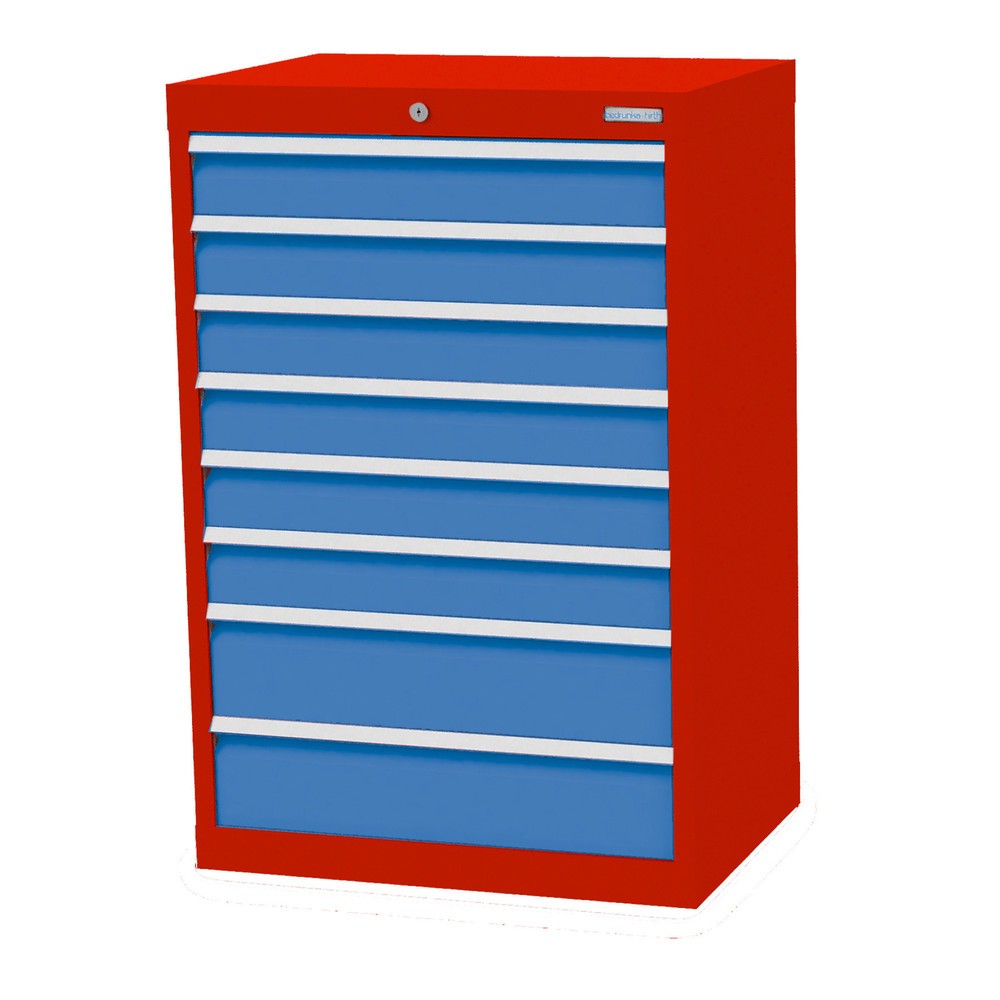 Obrázek produktu: Skříň se zásuvkami Profi Bedrunka+Hirth, zásuvky 6x100 + 2x150 mm, VxŠxH 1019 x 680 x 500 mm, dopravní červená, světle modrá