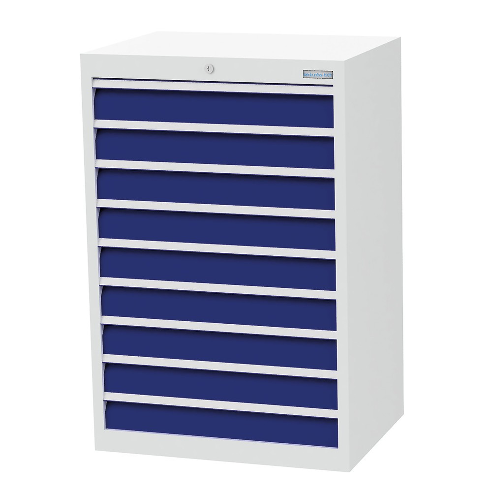 Obrázek produktu: Skříň se zásuvkami Profi Bedrunka+Hirth, zásuvky 9x100 mm, VxŠxH 1019 x 680 x 500 mm, světle šedá, enziánová modrá