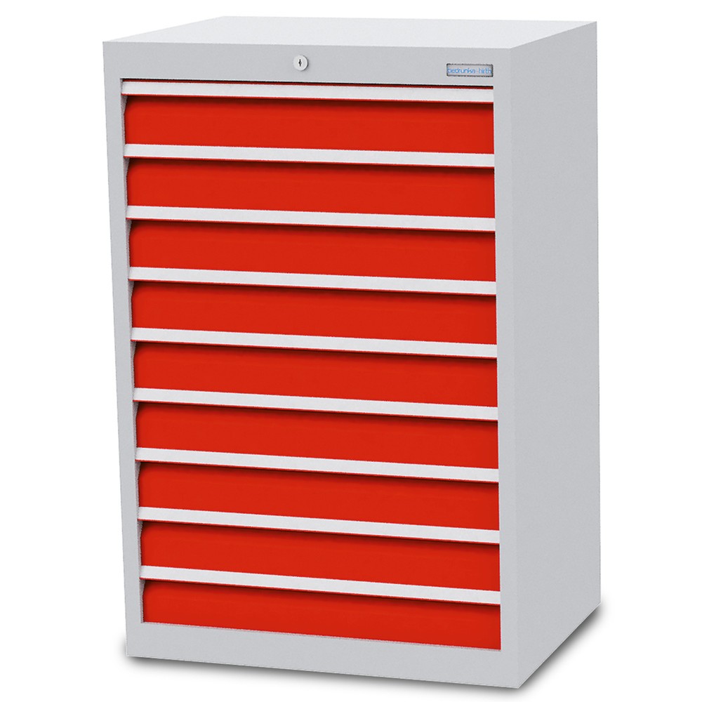 Obrázek produktu: Skříň se zásuvkami Profi Bedrunka+Hirth, zásuvky 9x100 mm, VxŠxH 1019 x 680 x 500 mm, světle šedá, dopravní červená