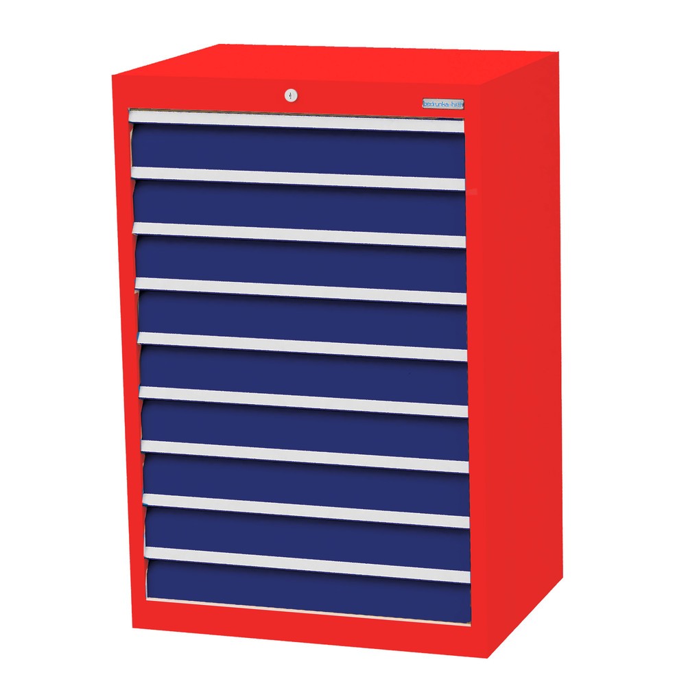 Obrázek produktu: Skříň se zásuvkami Profi Bedrunka+Hirth, zásuvky 9x100 mm, VxŠxH 1019 x 680 x 500 mm, dopravní červená, enziánová modrá