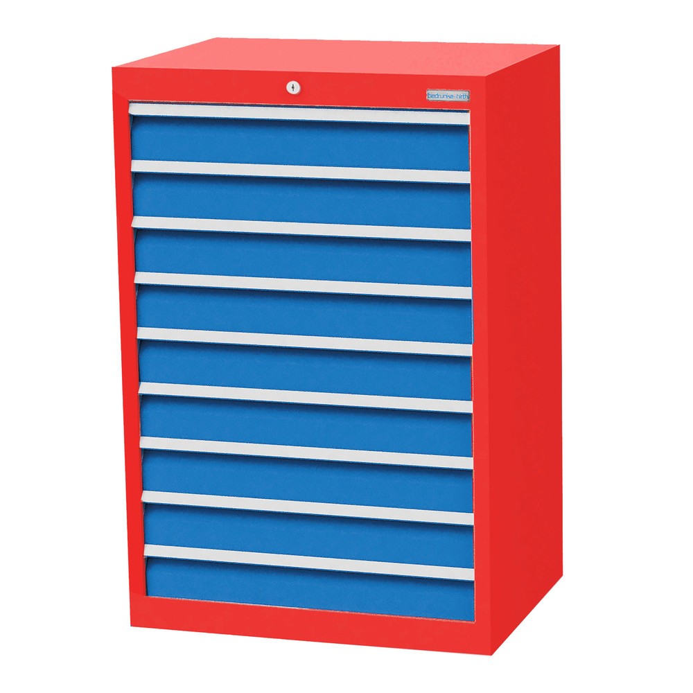 Obrázek produktu: Skříň se zásuvkami Profi Bedrunka+Hirth, zásuvky 9x100 mm, VxŠxH 1019 x 680 x 500 mm, dopravní červená, světle modrá
