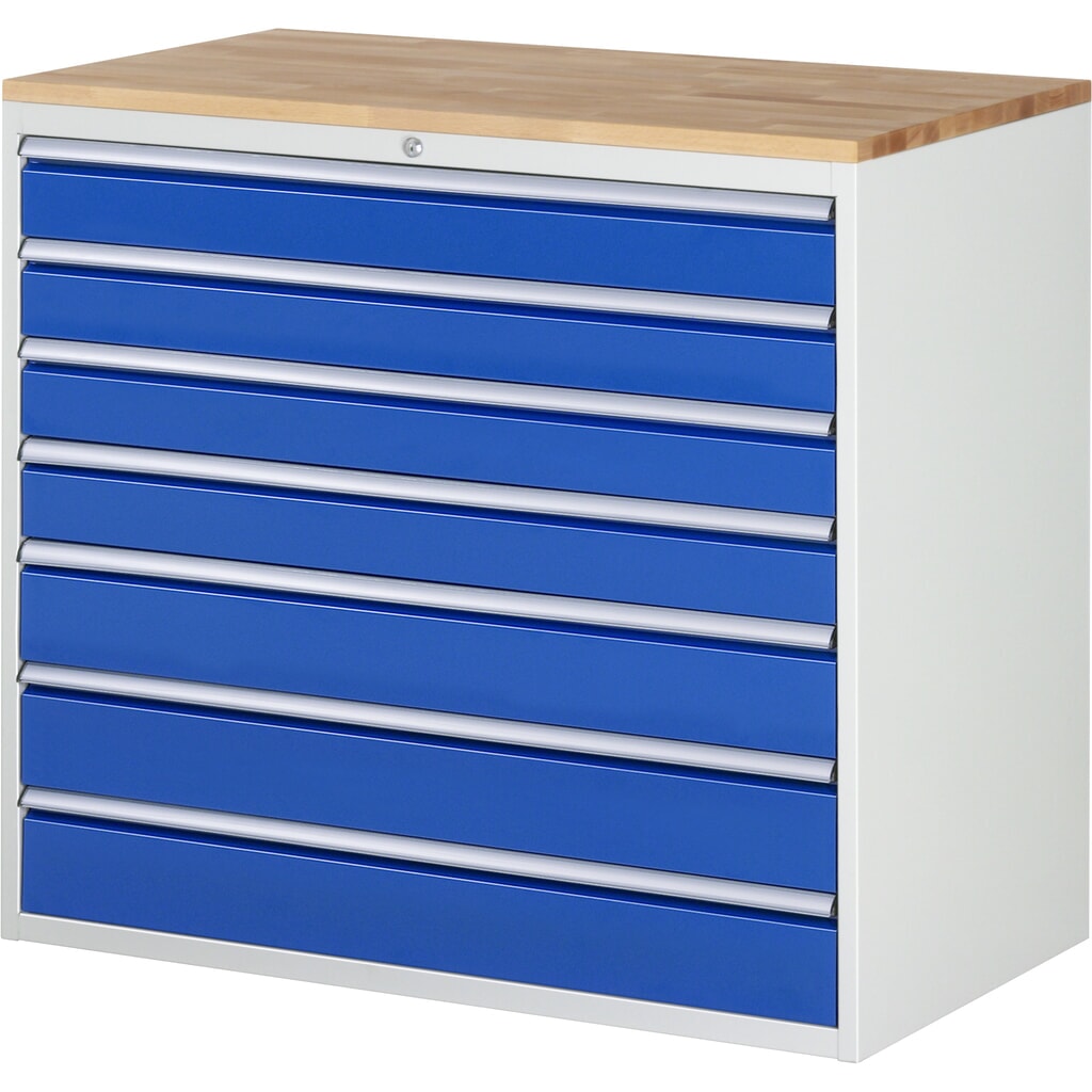 Obrázek produktu: Skříň se zásuvkami RAU řada 7000, VxŠxH 1035 x 1145 x 650 mm, 7x zásuvka 4 x 120, 3 x 150 mm, buková pracovní deska