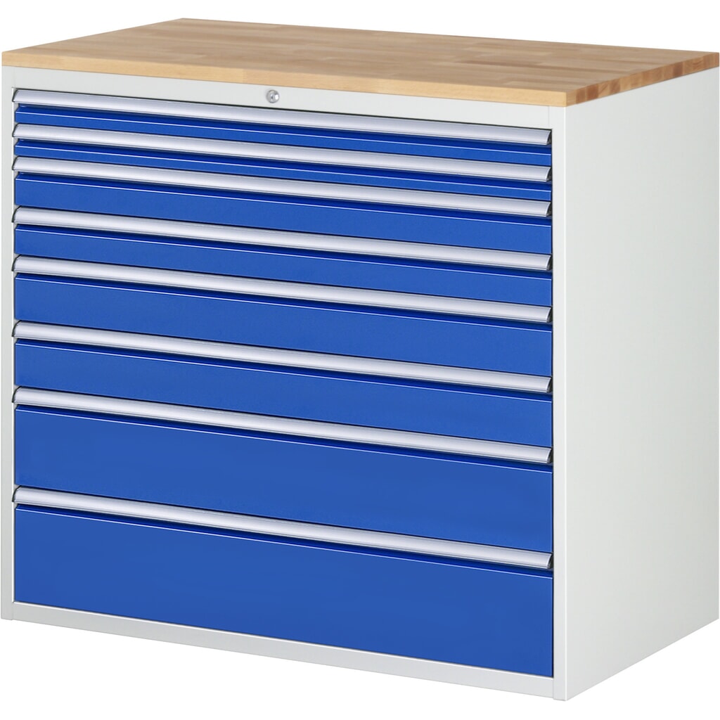 Obrázek produktu: Skříň se zásuvkami RAU řada 7000, VxŠxH 1035 x 1145 x 650 mm, 8x zásuvka 2 x 60, 2 x 90, 2 x 120, 1 x 180, 1 x 210 mm, buková pracovní deska
