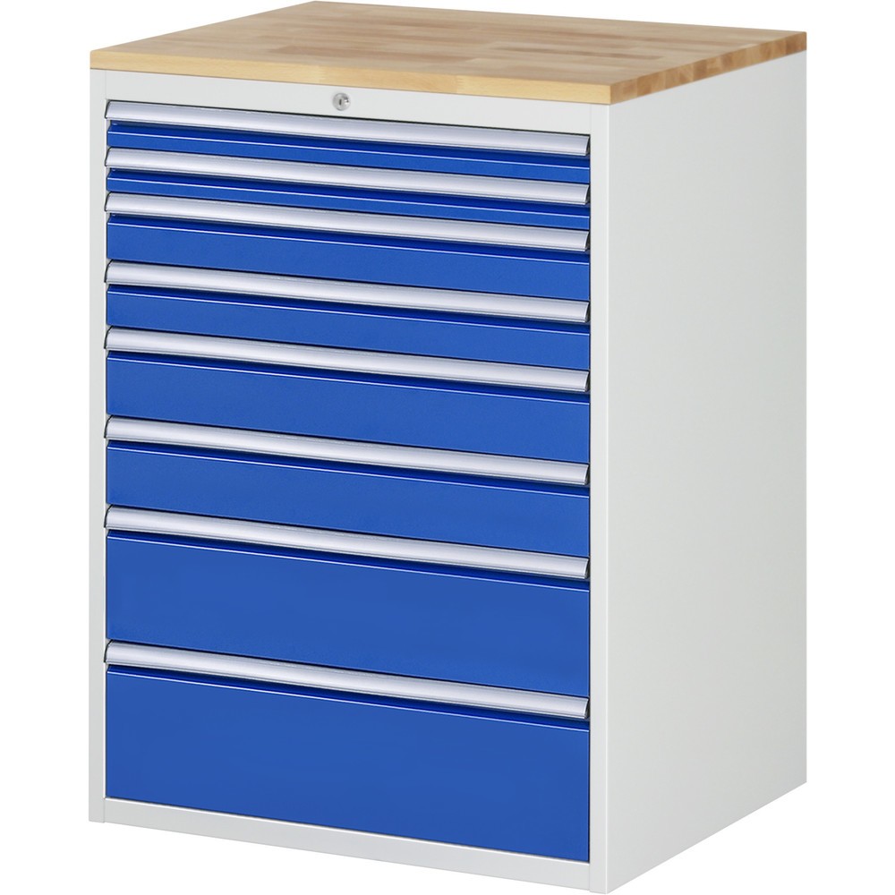 Číslo obrázku produktu 1: Skříň se zásuvkami RAU řada 7000, VxŠxH 1035 x 770 x 650 mm, 8x zásuvka 2 x 60, 2 x 90, 2 x 120, 1 x 180, 1 x 210 mm, buková pracovní deska