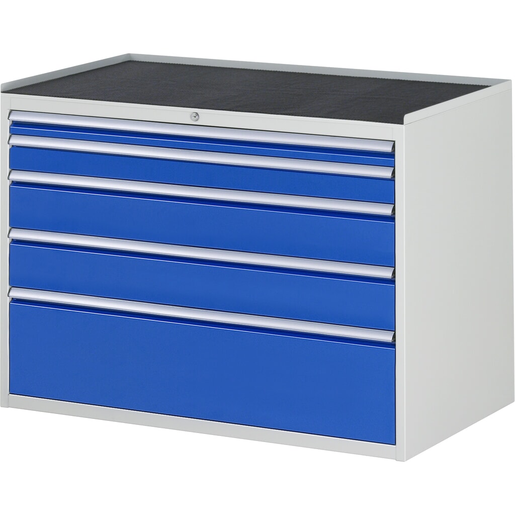 Obrázek produktu: Skříň se zásuvkami RAU řada 7000, VxŠxH 825 x 1145 x 650 mm, 5x zásuvka 1 x 60, 1 x 90, 2 x 150, 1 x 270 mm, kovová pracovní deska