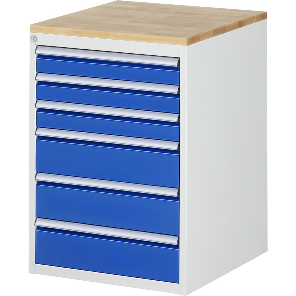Číslo obrázku produktu 1: Skříň se zásuvkami RAU řada 7000, VxŠxH 825 x 580 x 650 mm, 6x zásuvka 3 x 90, 3 x 150 mm, buková pracovní deska