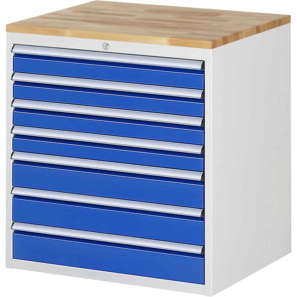 Číslo obrázku produktu 1: Skříň se zásuvkami RAU řada 7000, VxŠxH 825 x 770 x 650 mm, 7x zásuvka 4 x 90, 3 x 120 mm, buková pracovní deska