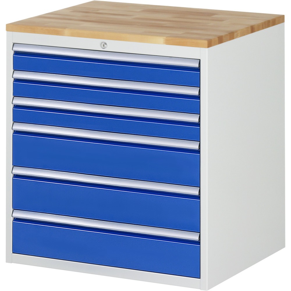 Obrázek produktu: Skříň se zásuvkami RAU řada 7000, VxŠxH 825 x 770 x 650 mm, 6x zásuvka 3 x 90, 3 x 150 mm, buková pracovní deska